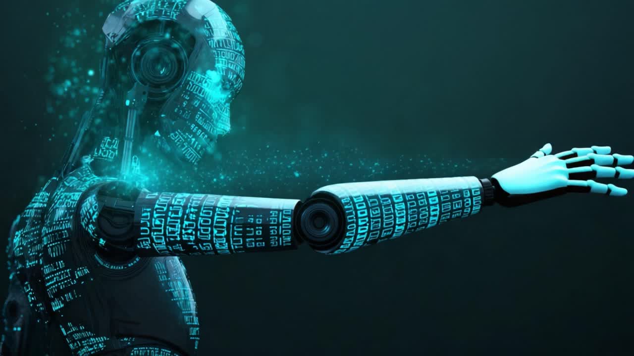 Futuristic humanoid robot made of circuit boards extending its arm and generating a sphere of glowing blue energy, representing concepts of AI, technology, innovation and digital creation