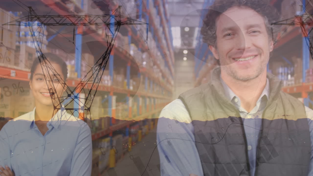 video compuesto de diversos supervisores masculinos y femeninos sonriendo contra las torres de la red móvil