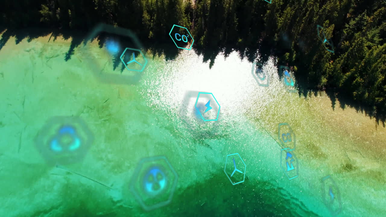 Hexagonal energy icons floating over alpine lake surface, reflecting sunlight and forest shadows