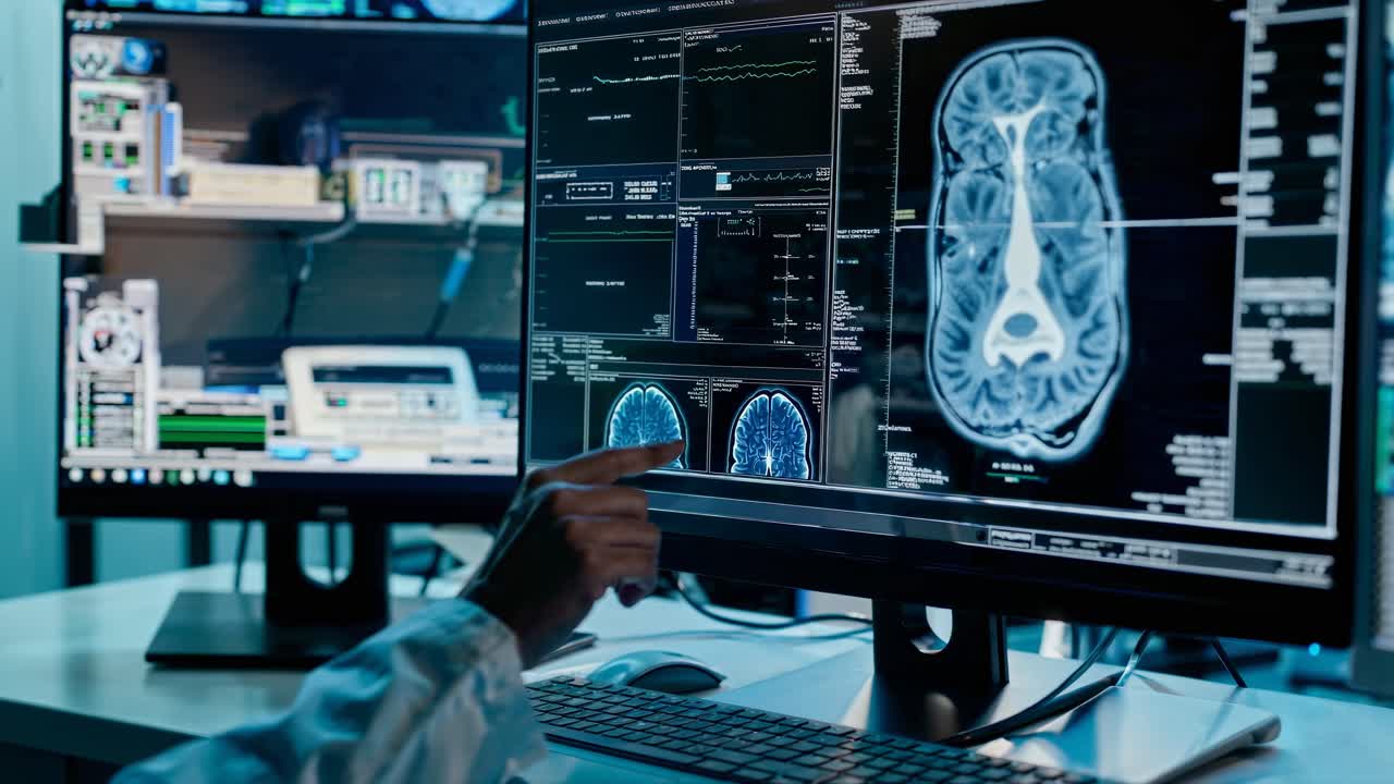 A close-up angle of a doctor analyzing brain scans on a computer screen, showcasing a high-tech