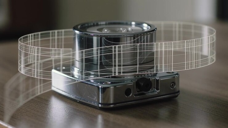 Emerging wireframe ring sweeping left around camera with lens on wooden table, showing lens focus