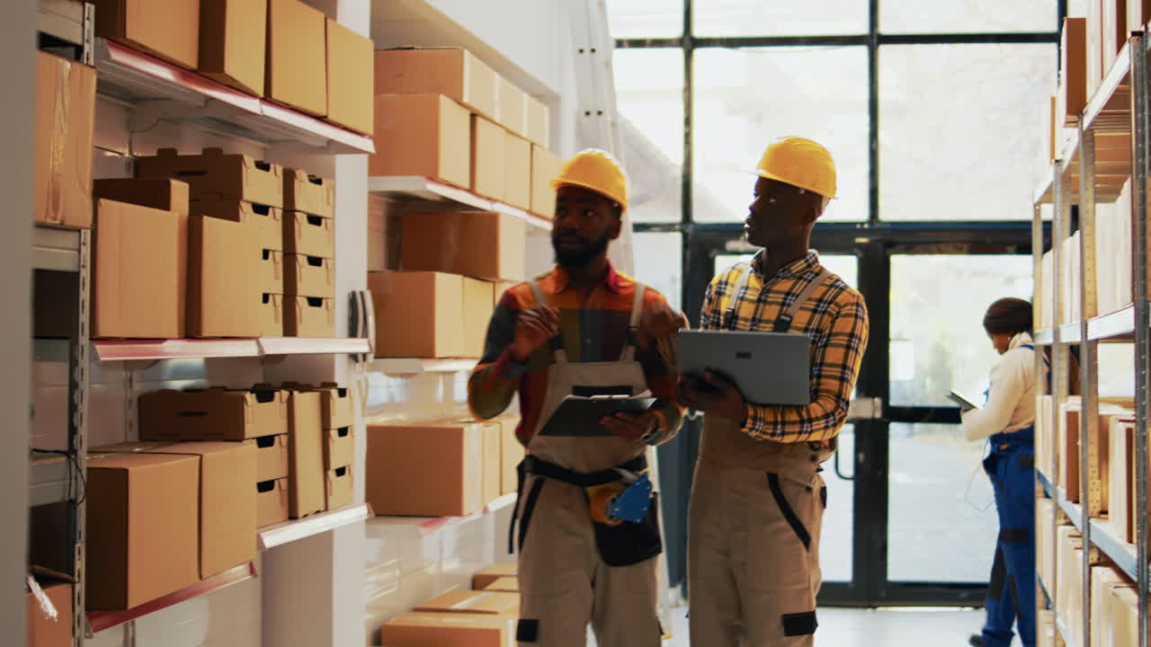 Warehouse workers inspecting inventory and stock in storage room