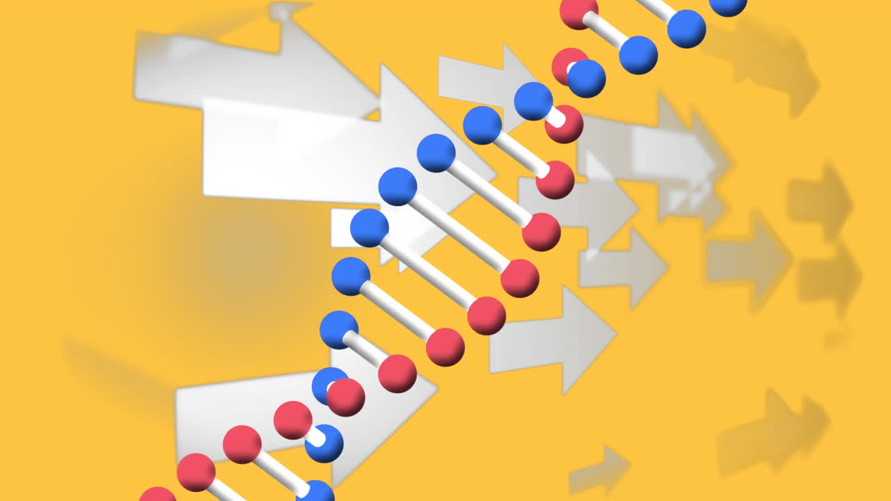 노란색 배경에 여러 화살표 아이콘을 회전시키는 dna 구조의 디지털 애니메이션