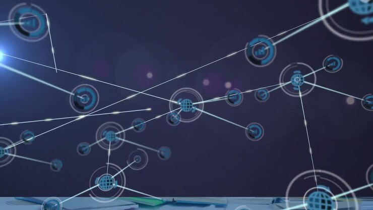 Animation of network of connections with icons on dark blue background