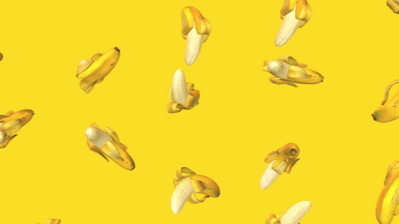 volando plátanos descascarados amarillos frescos. fondo de arte abstracto. animación 3d realista. gráfico de movimiento de bucle brillante para la transmisión de alimentos.