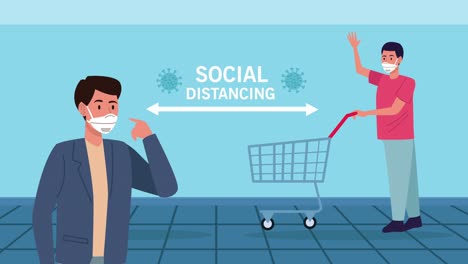 men wearing medical masks with social distance in the supermarket