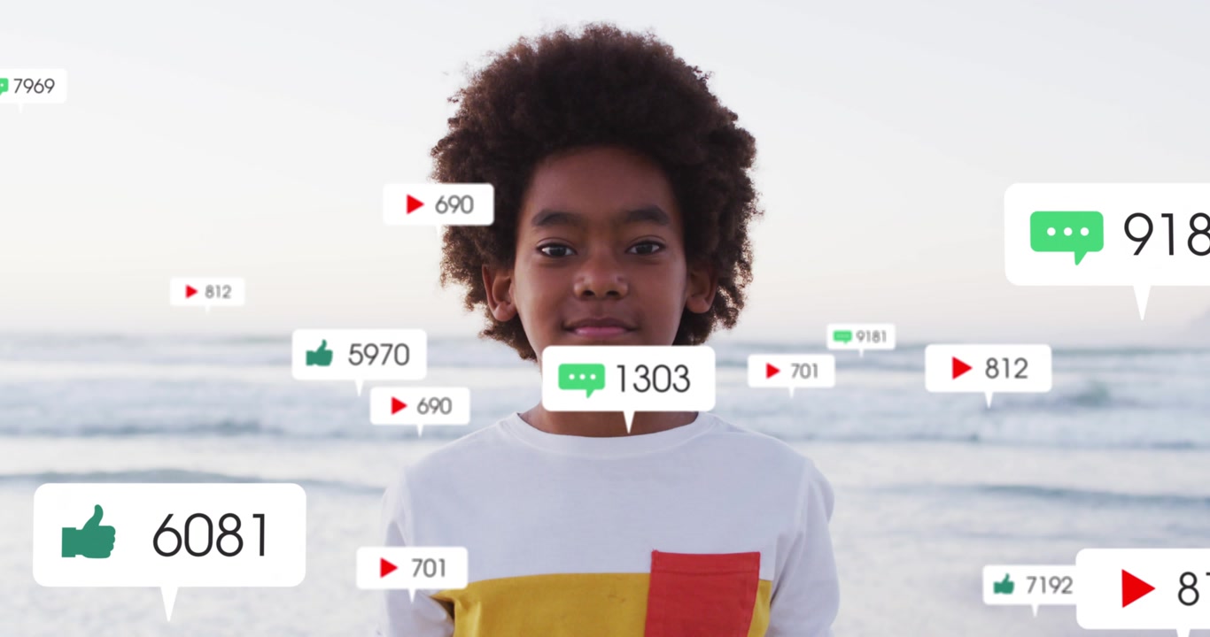 Child standing beach, incoming bubbles appearing, clustering over face, then fading for marketing