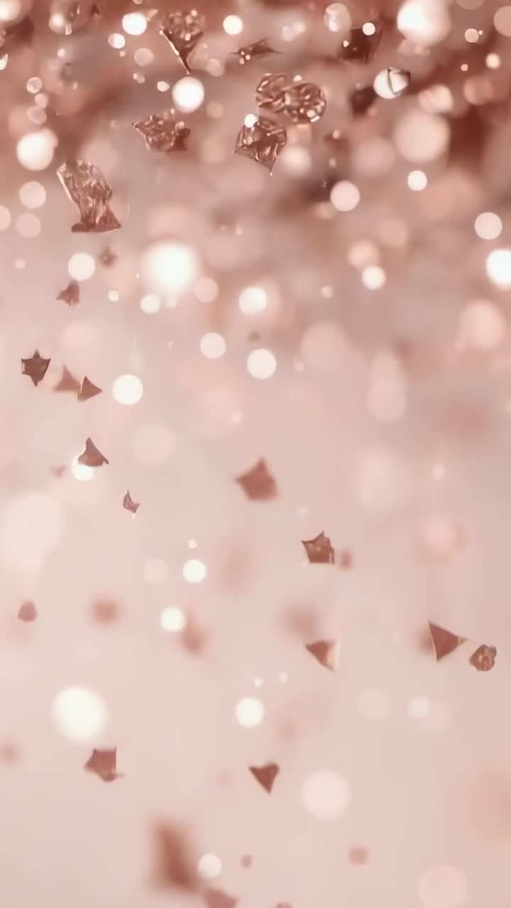 Video verticale: coriandoli color oro rosa che fluttuano delicatamente su uno sfondo color pesca, con luci bokeh scintillanti