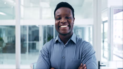 Face,-employee-and-happy-black-man-with-arms