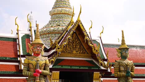 ornate temple architecture with guardian statues