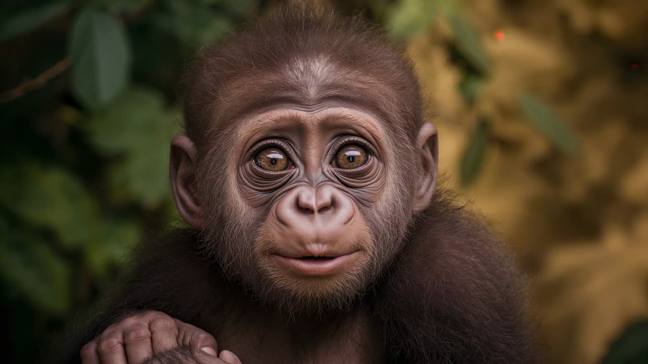 Recording infant ape in cage reacting to camera, opening mouth, showing teeth while gripping branch