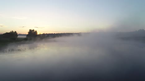 forest lake in the morning fog, in the rays of the dawn sun