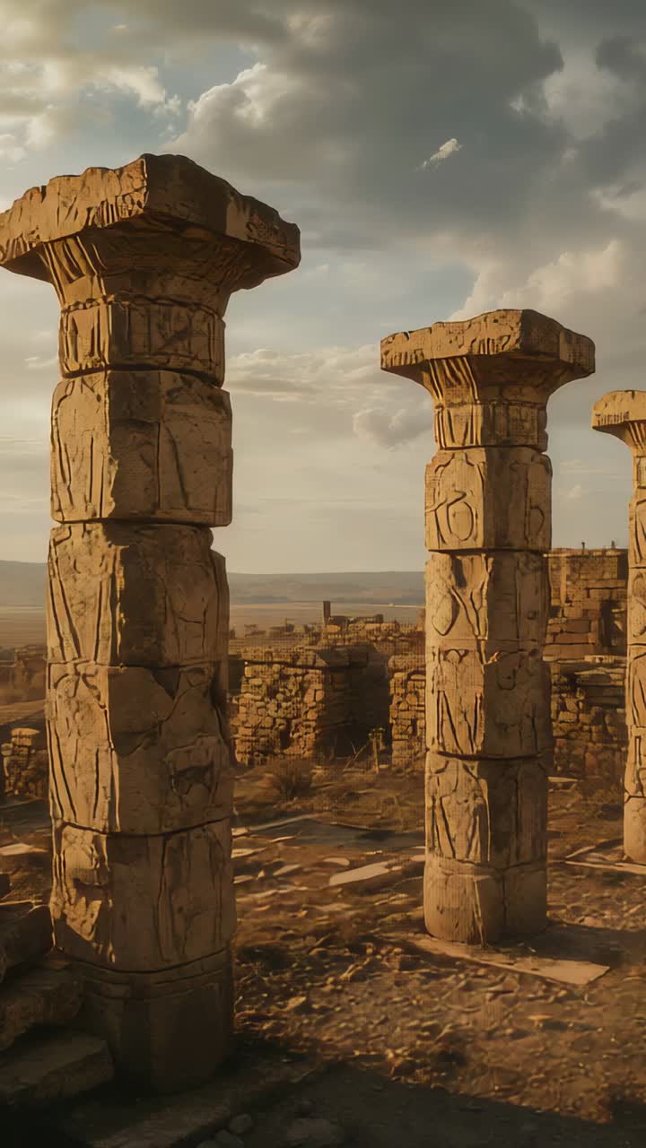 Vertical video: Panning camera revealing three carved pillars at ruin site, exposing walls rubble