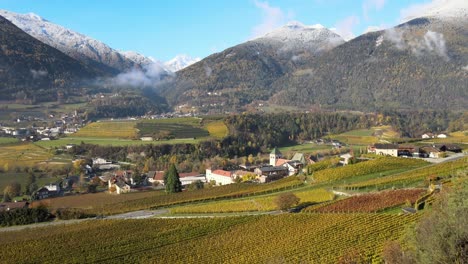 Aerial-Drone-Over-the-Vineyards-in-Autumn-in-Novacella,-Neustift-South-Tyrol