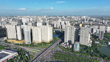 Aerial-skyline-view-of-Hanoi-cityscape,-urban-city-in-Vietnam