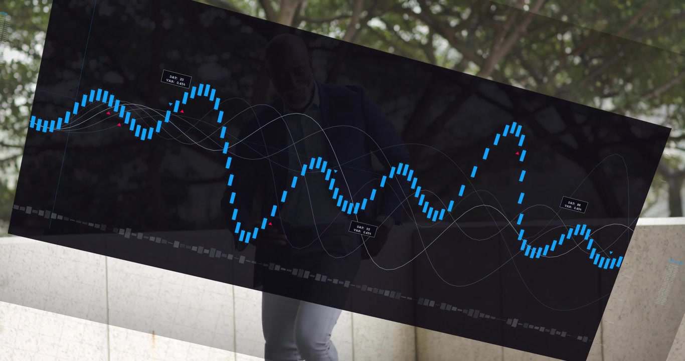 mature man standing behind ledge reacting to business waveform display sliding over him, laughing
