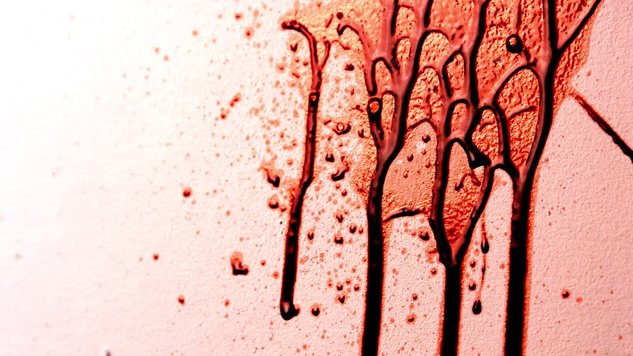 Multiple Streams of Red Fake Blood Flowing Down White Wall. Shiny Thick Liquid Spatter Dripping. Realistic Slime Texture for Horror. Violent Crime Scene Halloween Spooky Background