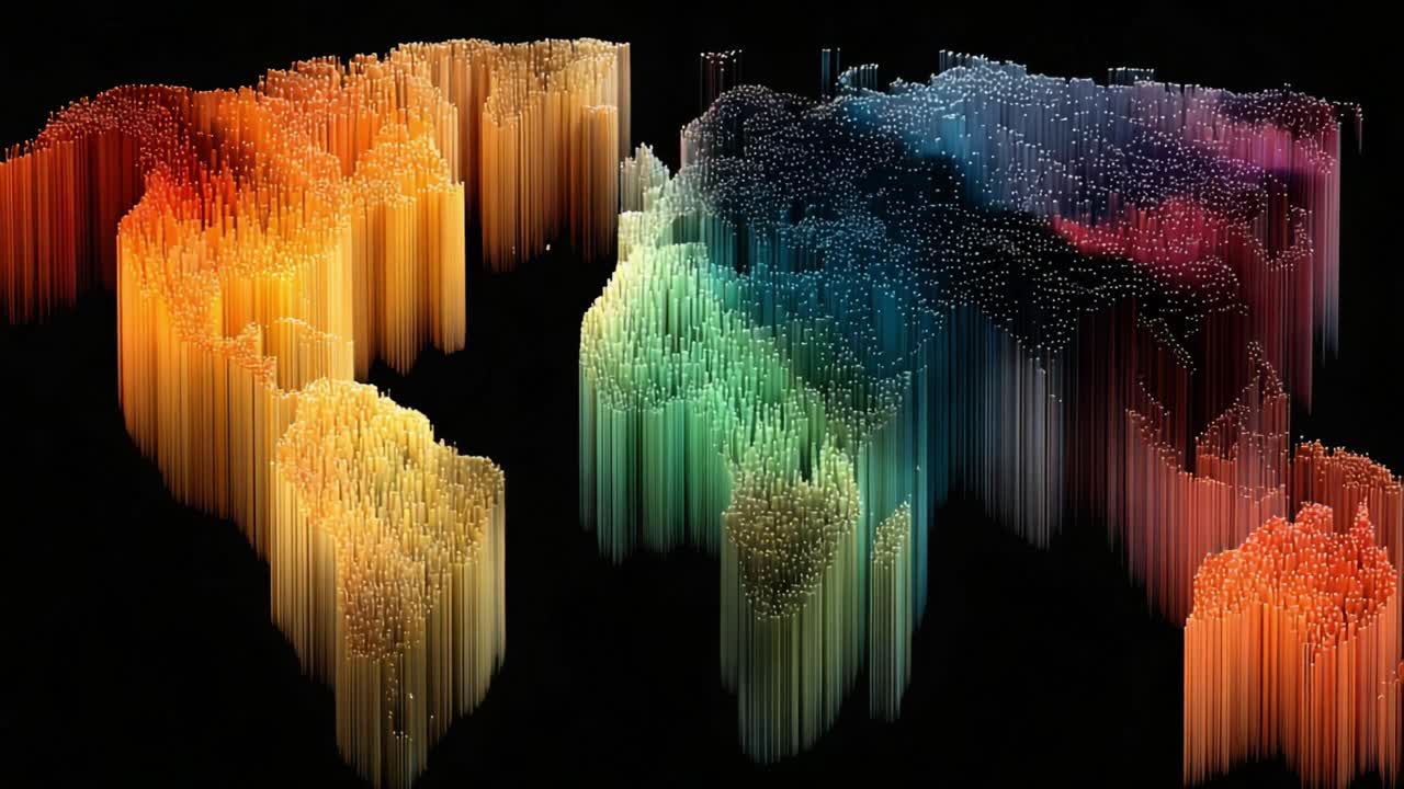 Stylized digital world map created with thousands of glowing colored particles, representing data visualization, global connections, and technology on a dark background showing continents growing