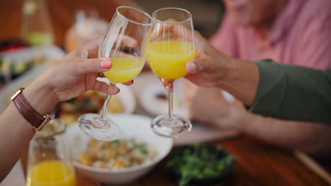 hands, glass and toast with people on thanksgiving