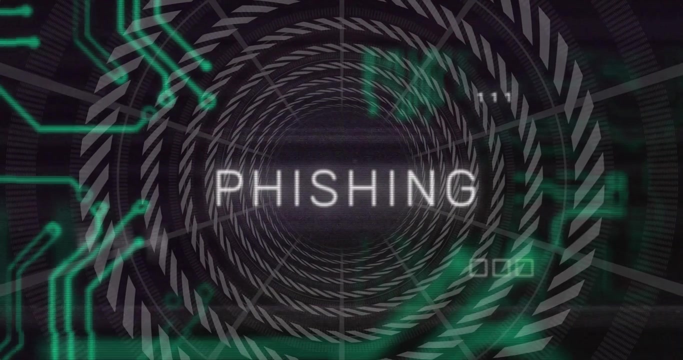 Animation of phishing text over network and processing data on black background