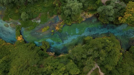 drone hover above albania blue eye, syri i kaltër, with vivid turquoise water and green forest. aerial