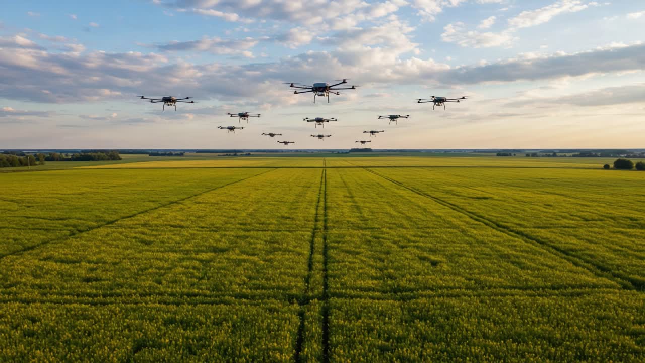An Aerial View of Drones Surveying Lush Green Fields Under a Beautiful Sky, Showcasing Modern Agricultural Technology in Action
