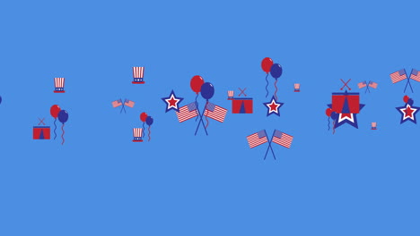 animation of american flags and independence day icons moving over blue background