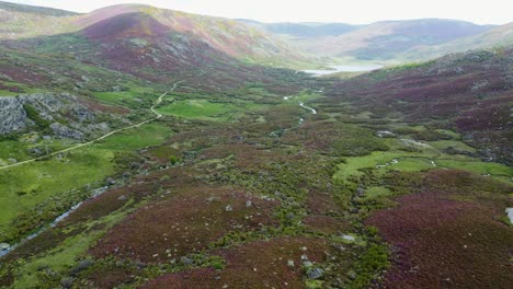 Aerial-panoramic-overview-of-rio-tera-canyon-and-winding-river-through-hillside-by-road