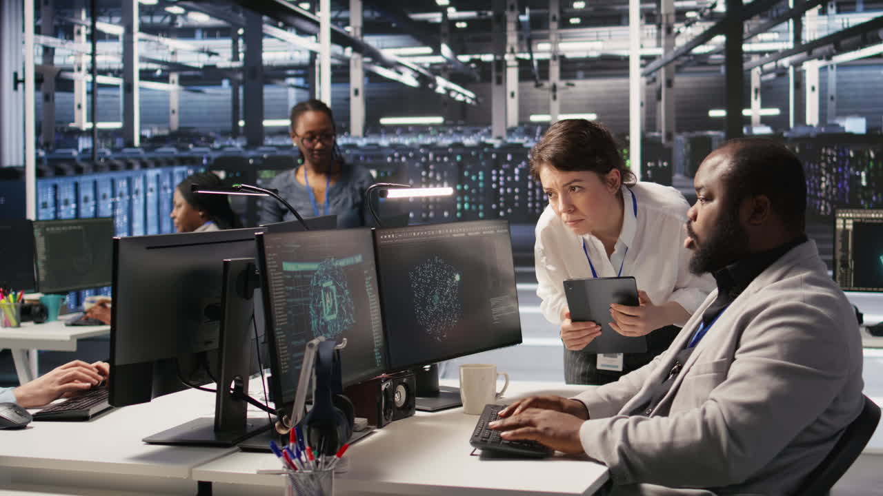 Vertical video Server room manager supervising technician examining deep learning algorithms