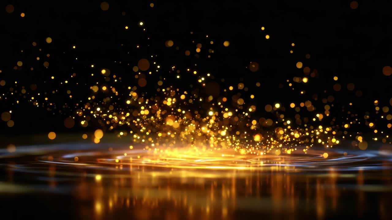 A mesmerizing display of shimmering golden particles dancing gracefully above a reflective surface, creating a captivating and enchanting visual experience that draws viewers into an ethereal world of light and color