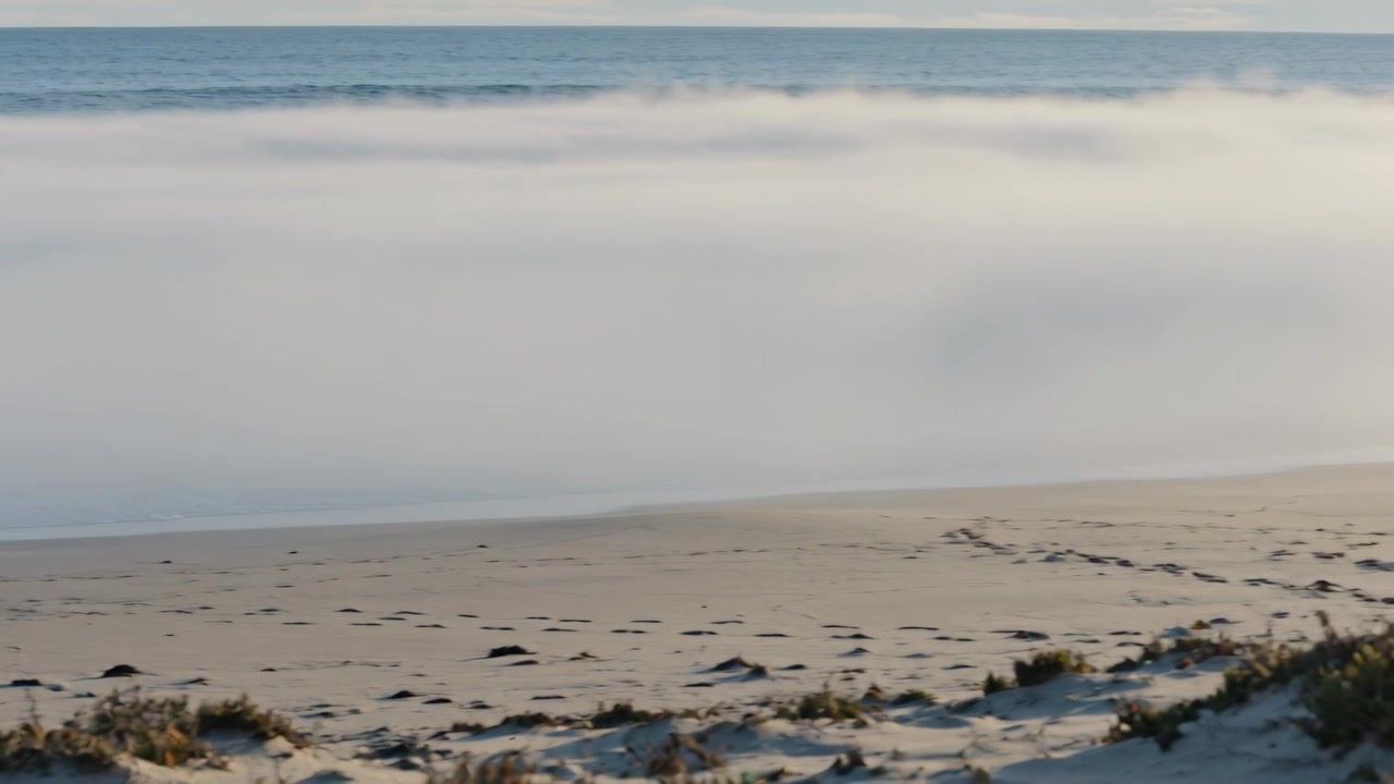 Advancing fog bank moving shoreward across sandy beach driven by ocean breeze, showing footprints