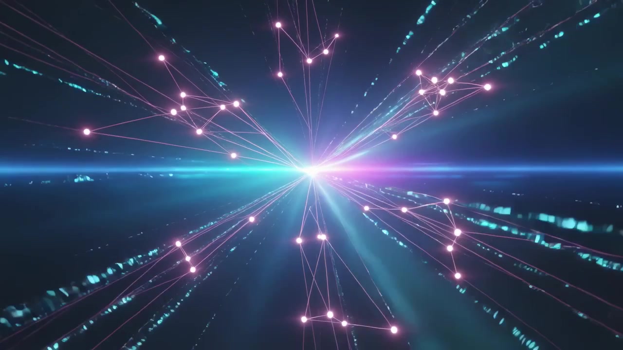Flashing core and magenta nodes emitting teal streaks, sending data and reshaping links in void