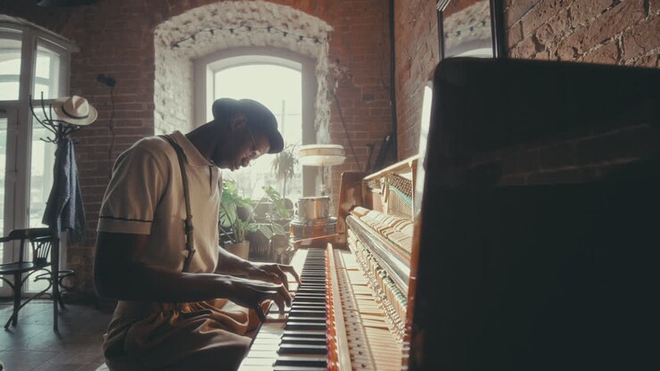 Mies soittaa vintage-pianoa tiiliseinäisessä sisätilassa