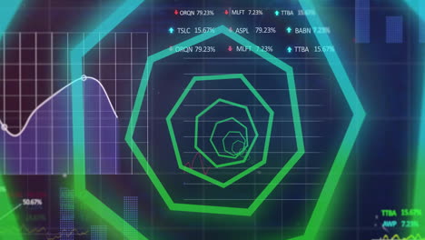 animación de formas de neón que giran sobre datos financieros en el fondo de la marina.