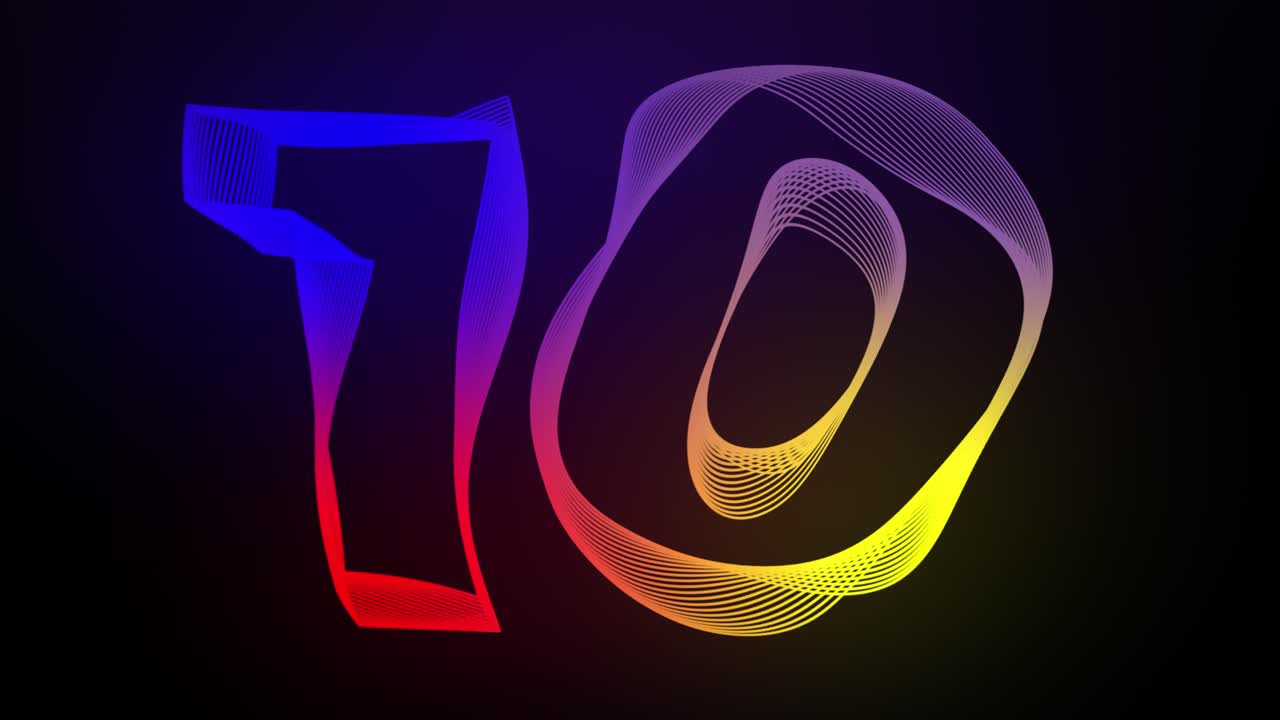 3D Number 10 ten swirling lines animation on dark gradient background abstract dynamic motion graphics particle glow typography visual effect rainbow digital alphabet