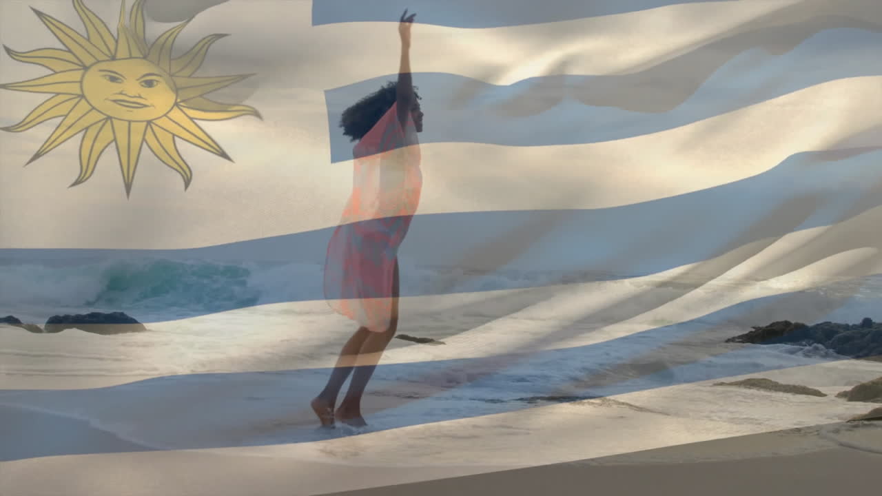 Dancing on beach, woman with Uruguay flag animation and sun emblem overlay