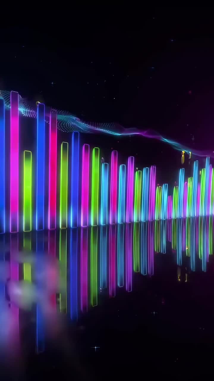 Vibrant neon bars in a low-angle shot, creating a dynamic video visual against a dark backdrop