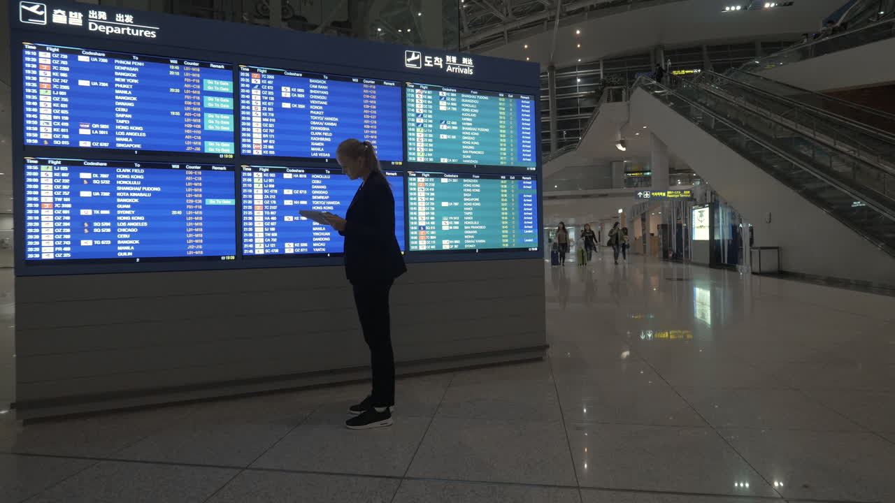 공항에서 비행 시간표에 따라 태블릿 pc를 가진 여성