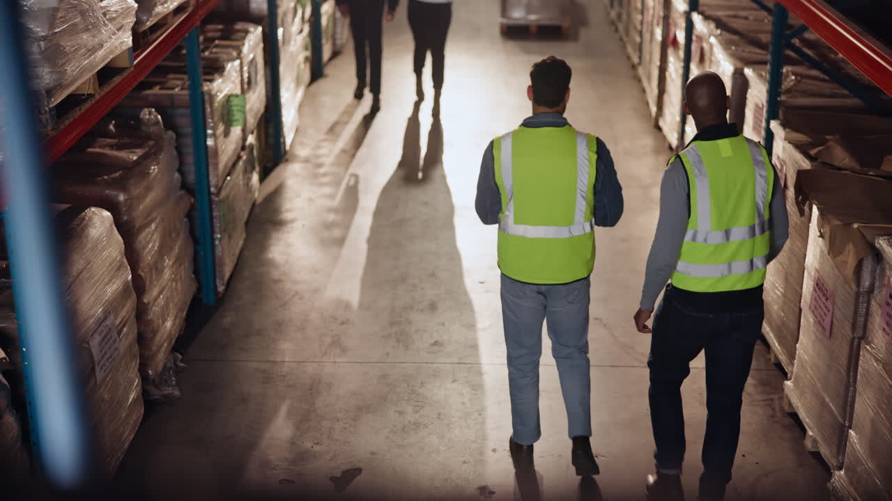 Warehouse workers walking through an aisle
