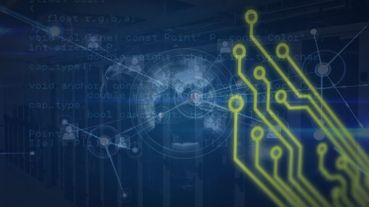 Animation of motherboard circuit over globe and network of people icons with processing data