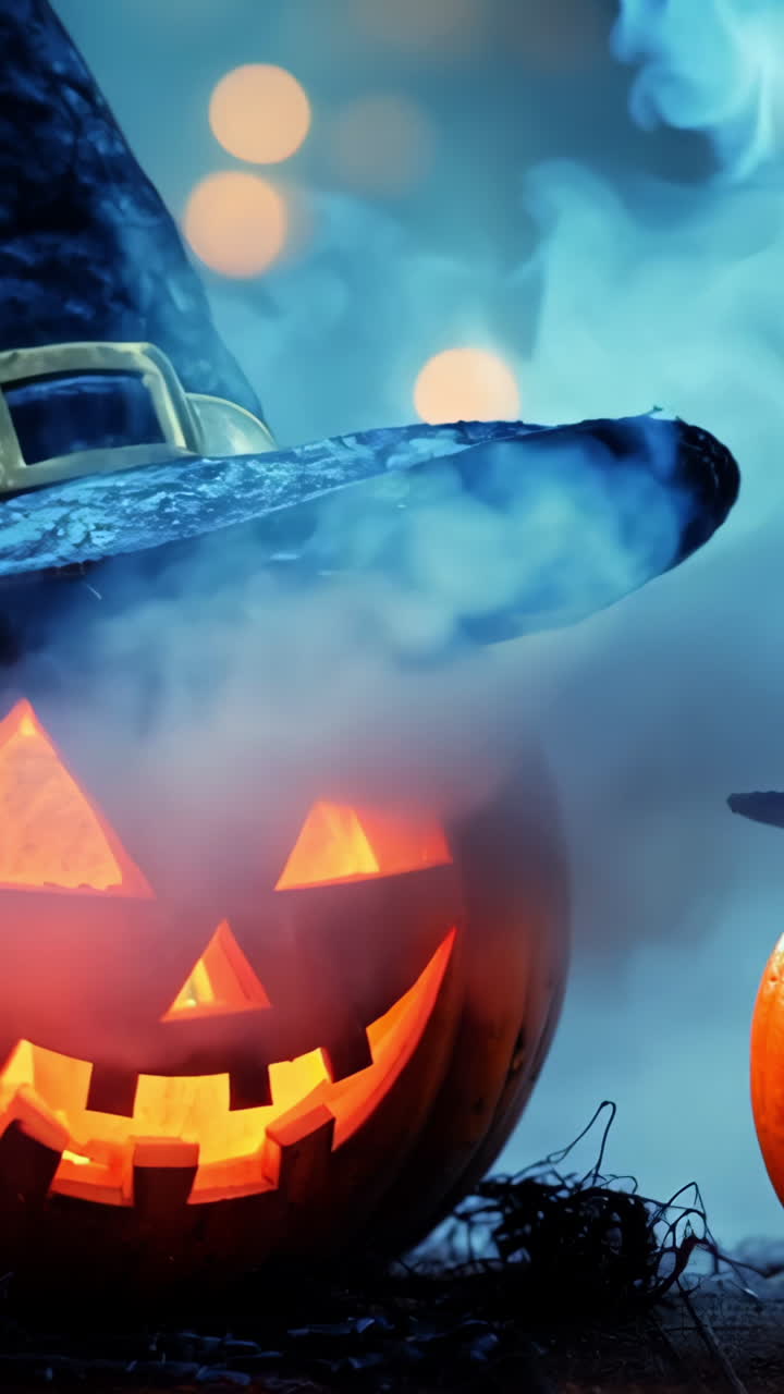 Two pumpkins with orange faces and blue hats are sitting on a wooden table. The scene has a spooky and festive mood, with the blue hats and orange faces of the pumpkins adding to the Halloween theme
