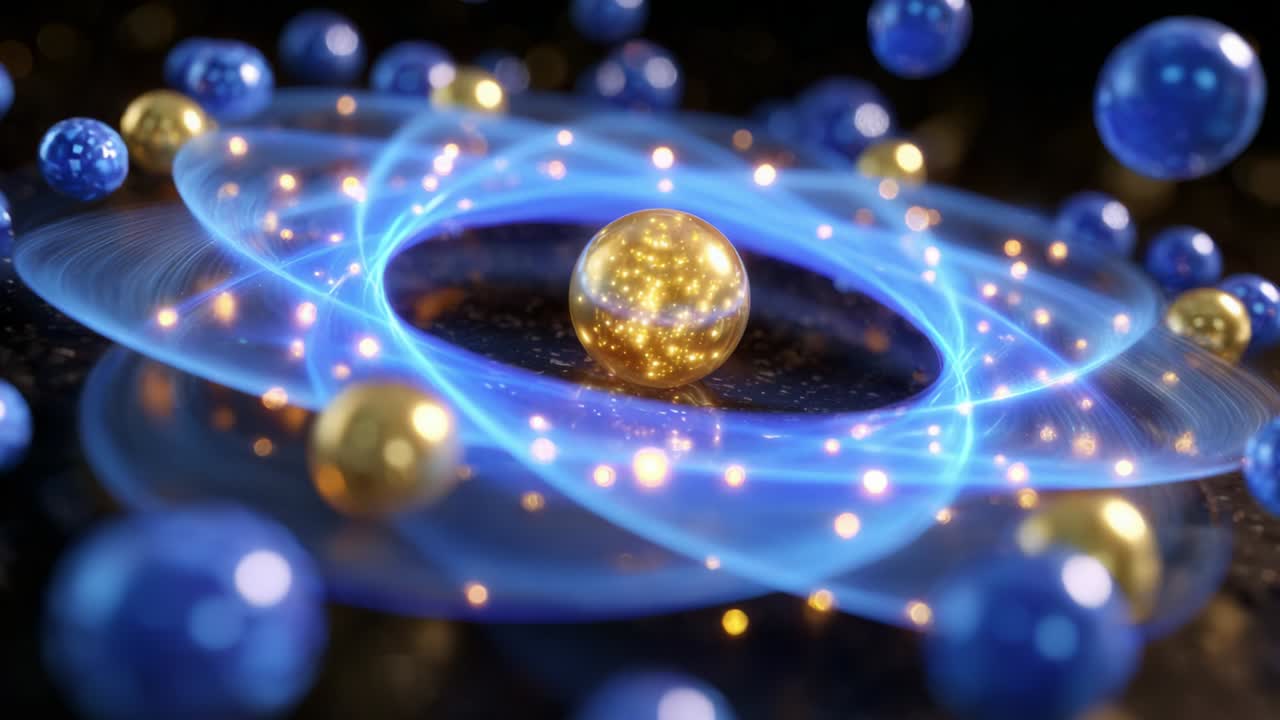 An ethereal depiction of atomic structure with gleaming orbs and shimmering trails of light, showcasing the dynamic interplay between particles and energy in an enchanting cosmic realm