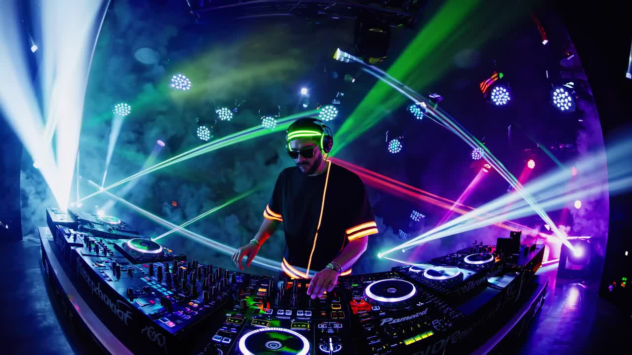 A DJ performs in a vibrant club with neon lights and lasers. Shot from a low angle, the video