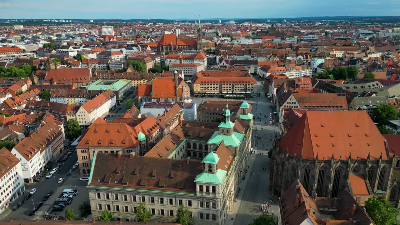4K Aerial Drone Video of the St. Sebald Church and Police Station Town Hall in Downtown Nurnberg, Germany