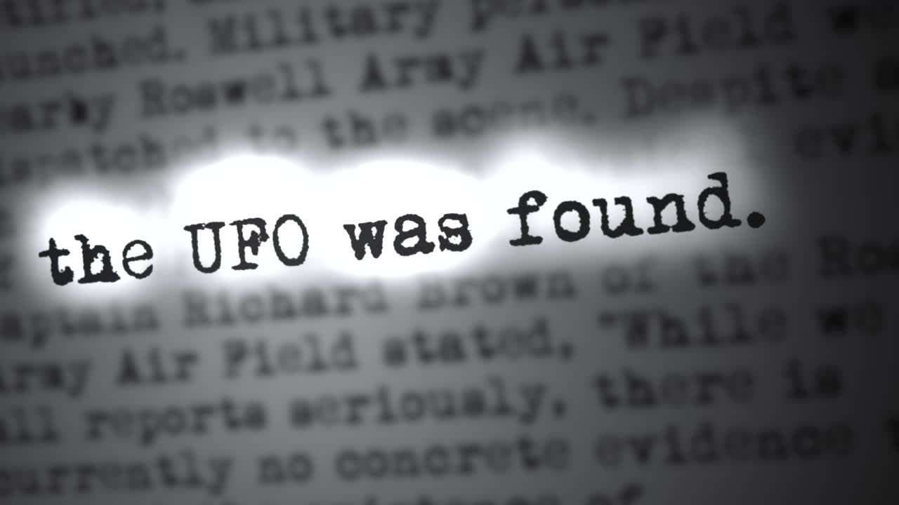 Typewritten witness statement with highlight reveal 'UFO Found'