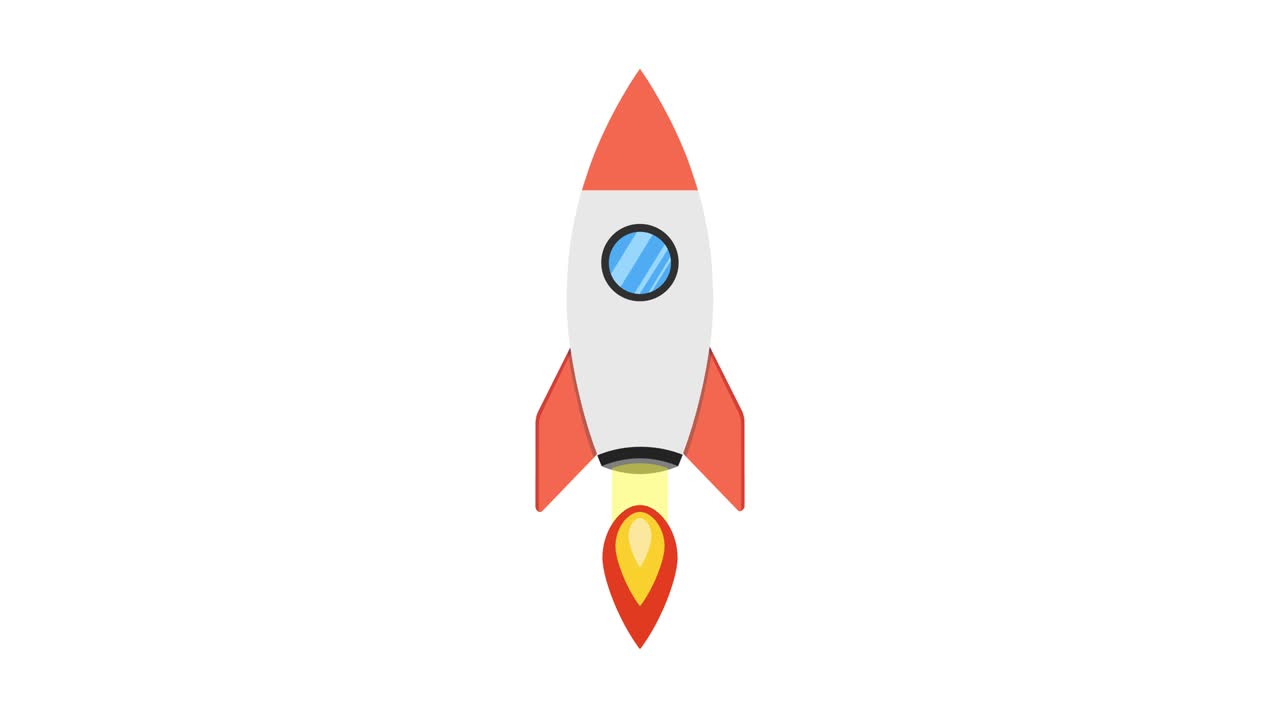 Cartoon rocket ship flying up on white background. Loop animation. 4K resolution.
