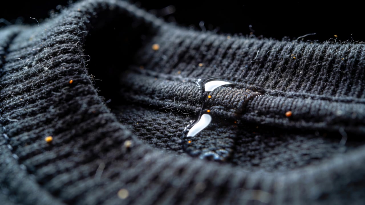 Reagendo alla gravità, goccioline trasparenti scivolano lungo la cucitura del collo in maglia nera, anello cucito, pelucchi arancioni illuminati.