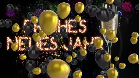 Animation-of-happy-new-year-text,-balloons,-champagne-and-fireworks-on-black-background