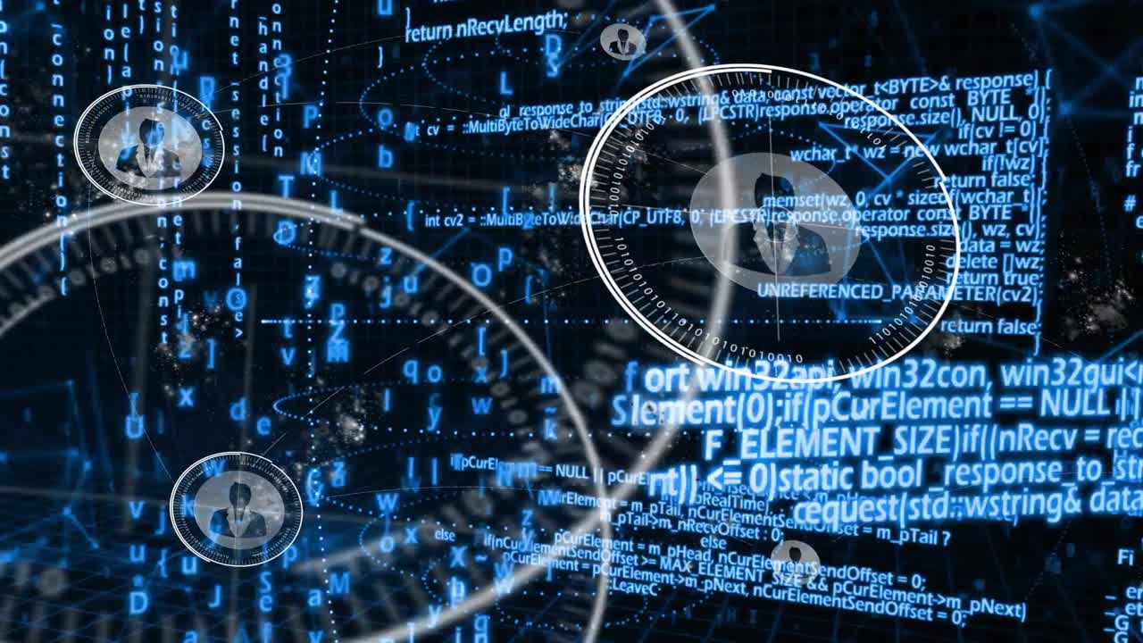 Kameraet panorerer fra en node, en central HUD pulserer, mens ringe og kode forbinder noder og viser sikkerhed.