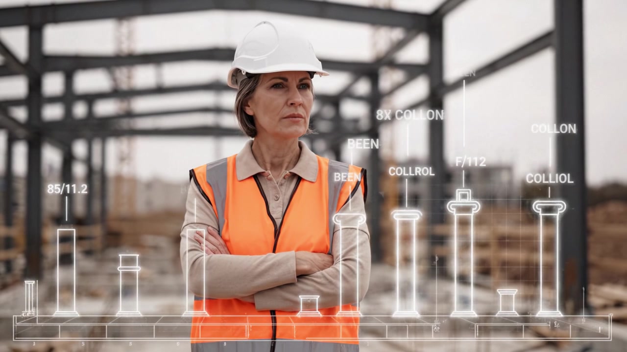 Confident Female Construction Worker Overseeing Building Site Progress with Digital Blueprints in the Background, Highlighting Gender Diversity in the Industry